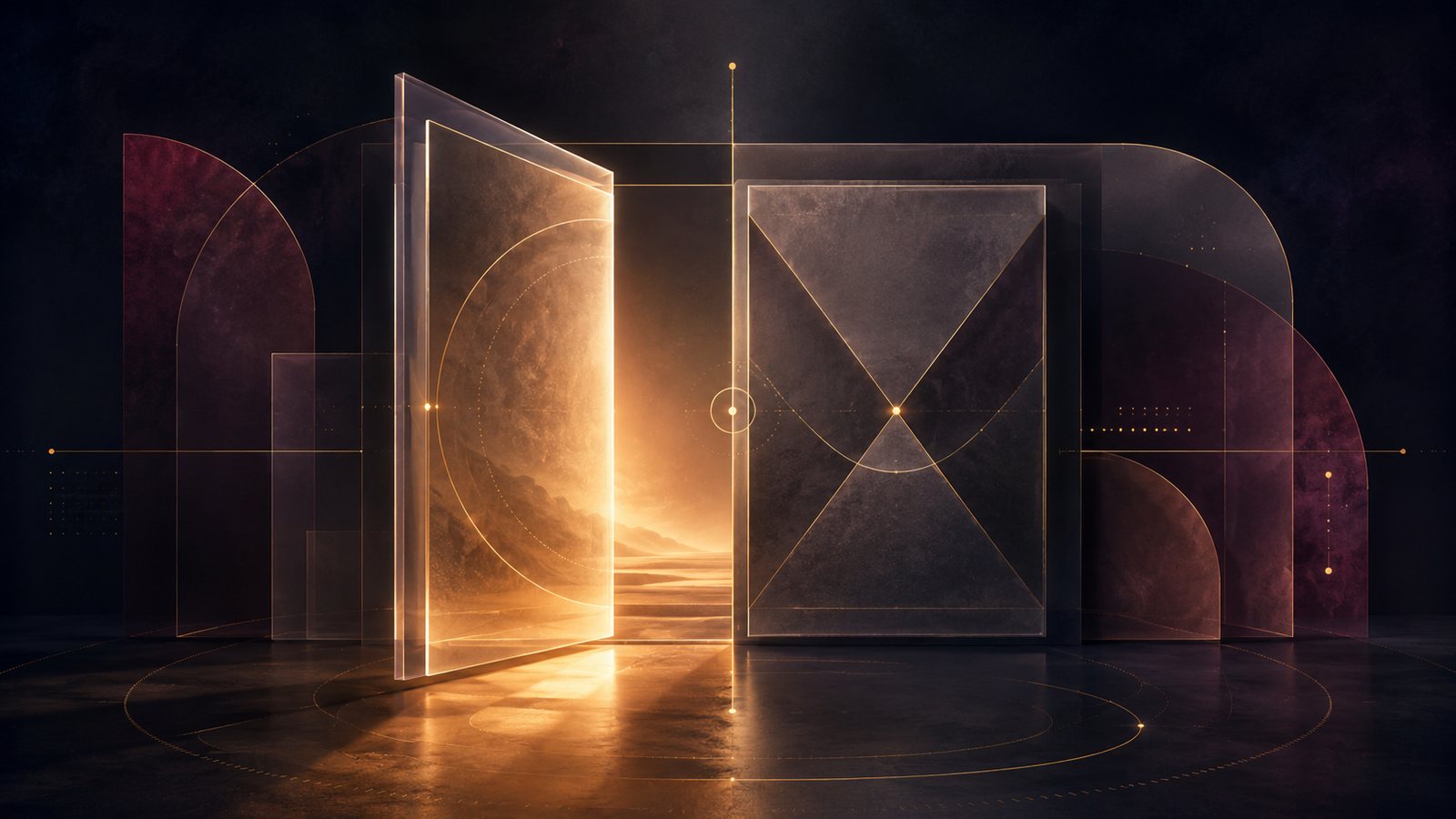 Een glazen drempel, half open met warm amberlicht en half gesloten met een verzegeld paneel