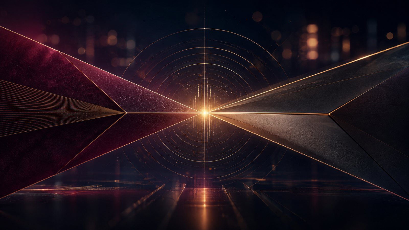 Twee samenkomende geometrische vlakken die uitlopen op een amberen lichtpunt, met focusringen en een wazige stadsnacht